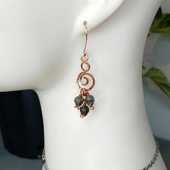 Boho Chic Bloodstone Crystal Dangle Earrings, Hammered Copper Gemstone Jewelry - Picture 1 of 4